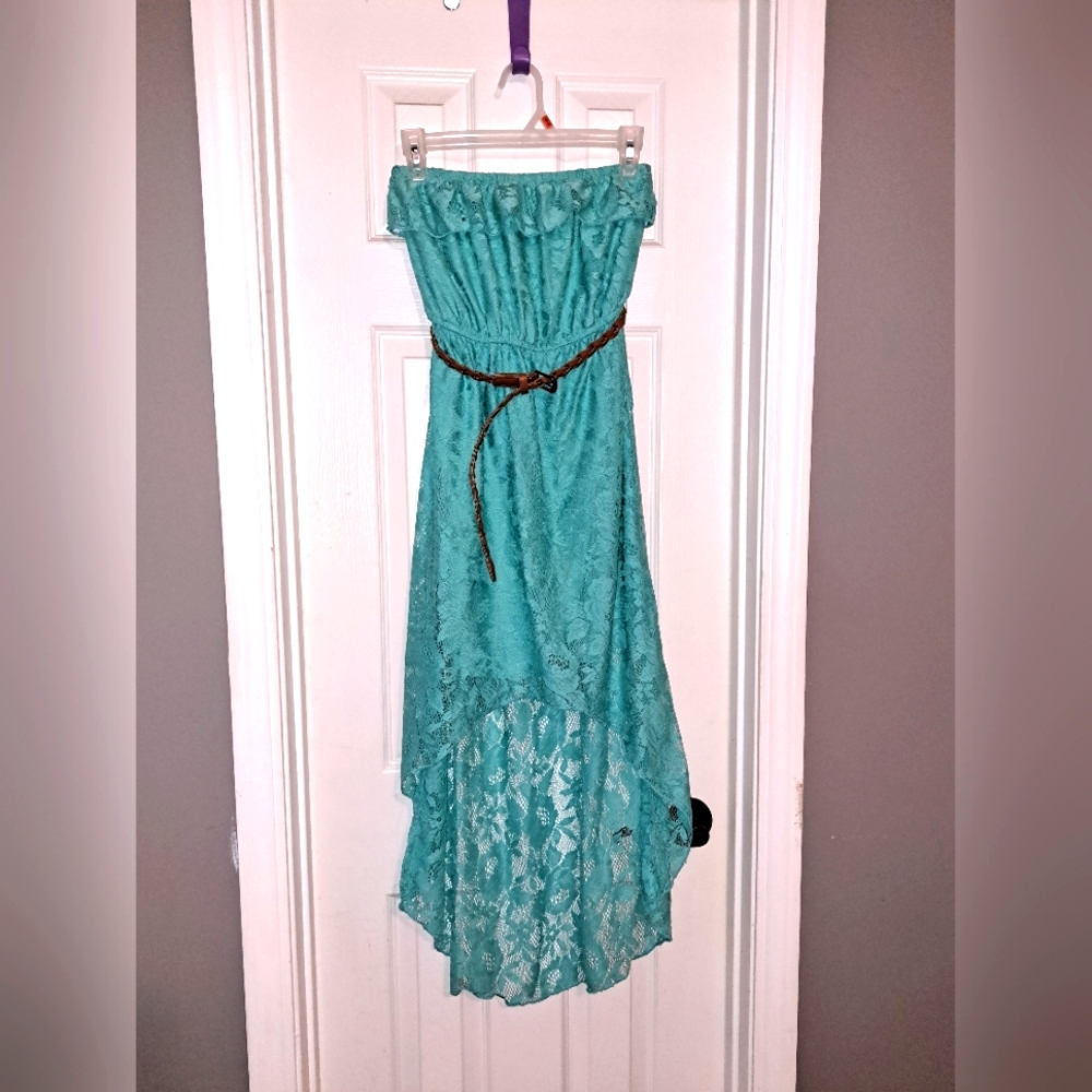 Trixxi Strapless Hi Low Belted Lace Dress, size small, teal